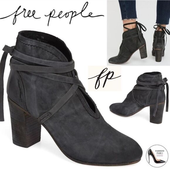 Free People Wrap Around Black Leather Chunky Heel Boho Ankle Boots Booties 38 - Picture 1 of 7
